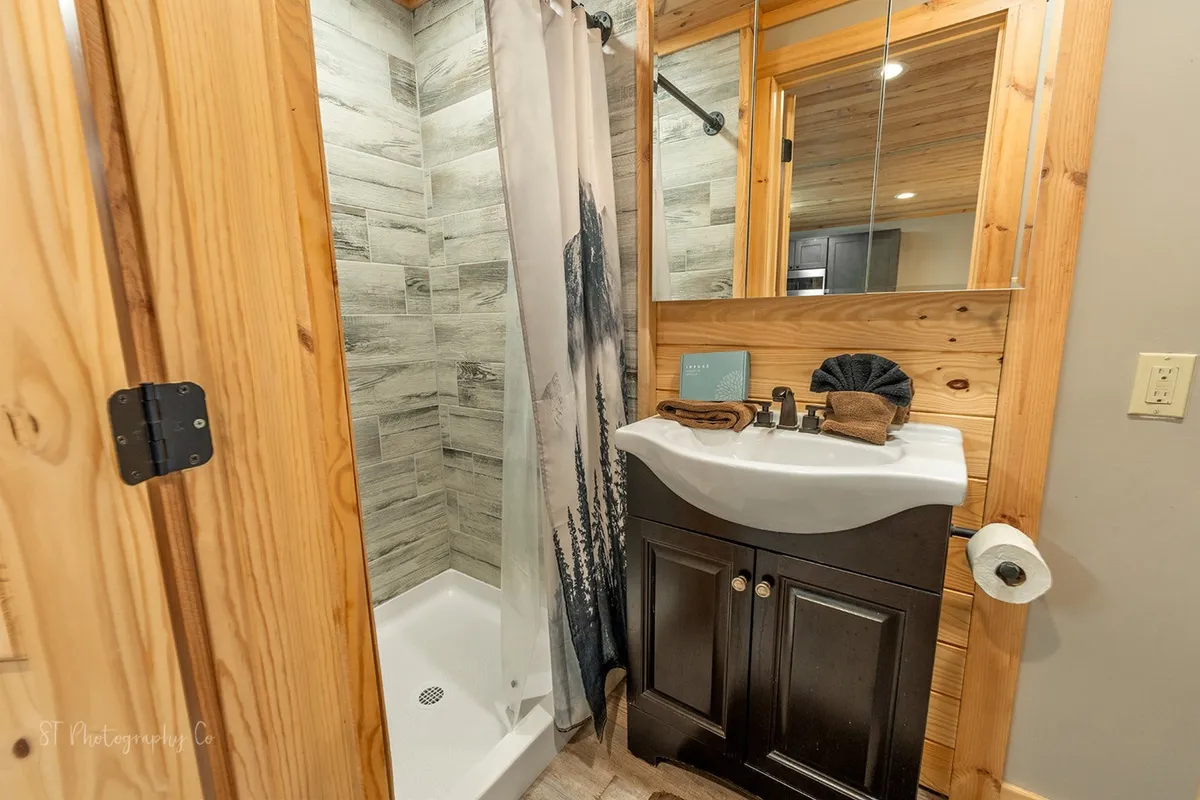 A well-appointed bathroom is highlighted, featuring a stylish shower area, a sink set in wooden cabinetry, and a large mirror. The wood accents and thoughtful layout evoke a sense of relaxation and privacy.